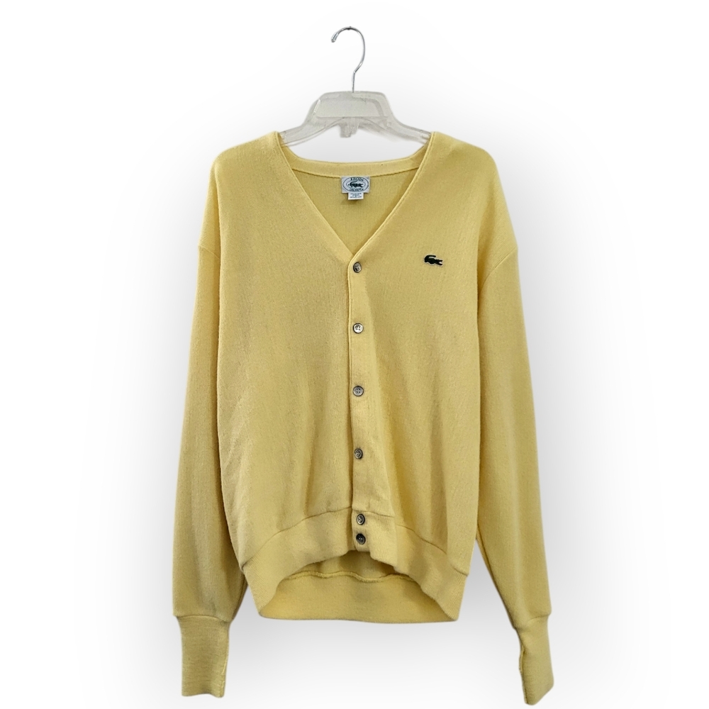 LACOSTE Vintage 80s V-neck Cardigan Sweater Yellow Green Croc Large
